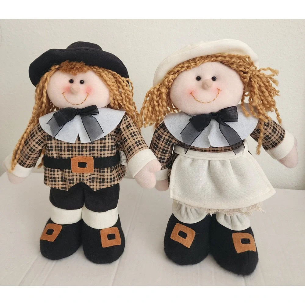 Vintage Style Thanksgiving Pilgrim Fabric Dolls Set Autumn Harvest Decor 12in